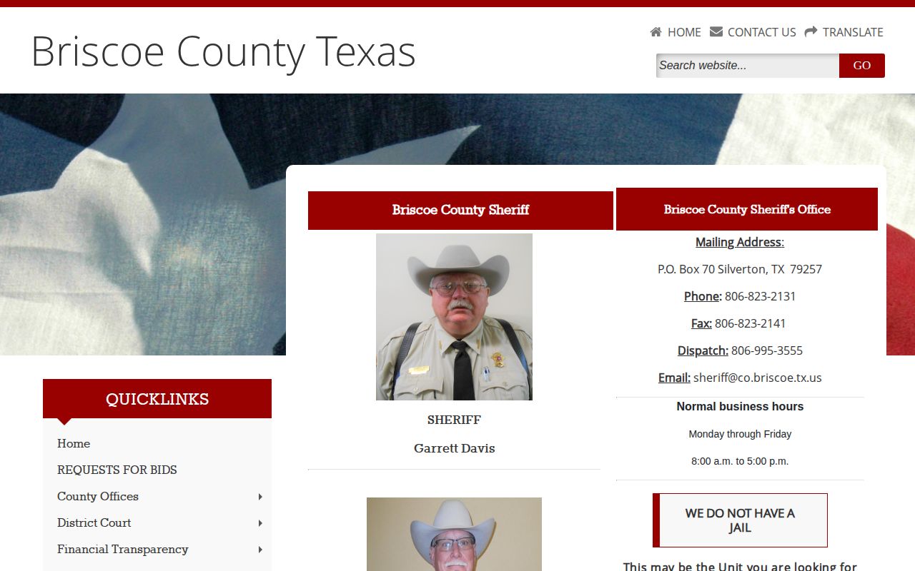 Briscoe County Sheriff contact page for arrest-record and custody routing